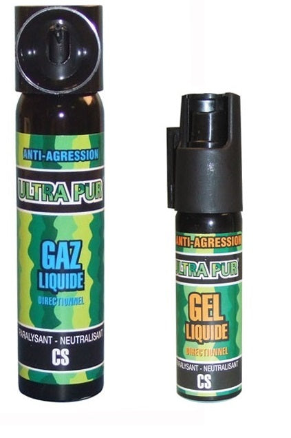 1 aerosol gel 25ml + 1 bombe lacrymogene gaz 75ml cs 2% securite police ECLATS DESTOCKAGE