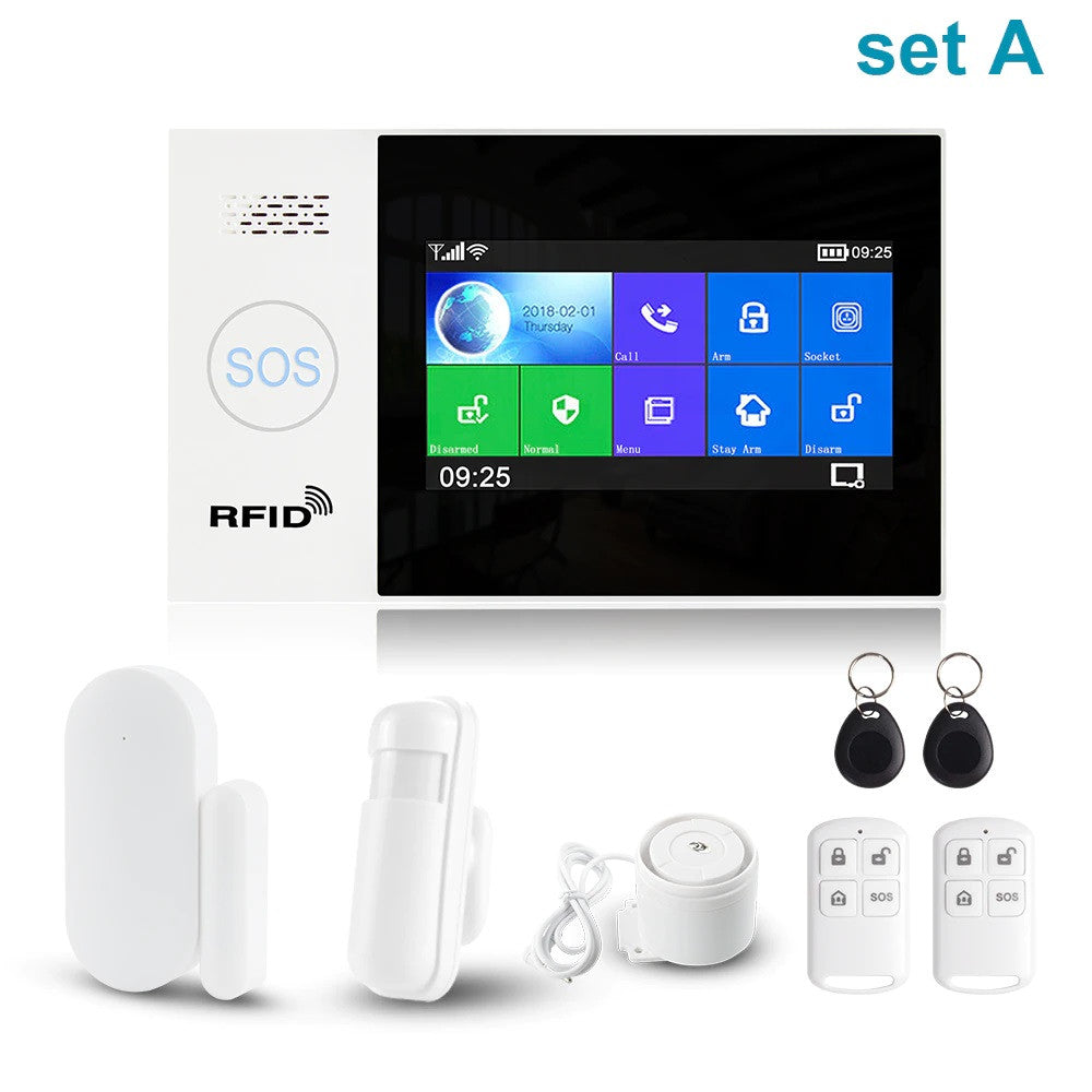 Alarme sans fil Tuya Apps GSM WiFi 2 Télécommande 2 Balise 1 Contact SF 1 Radio IR 1 Sirène filaire ECLATS DESTOCKAGE