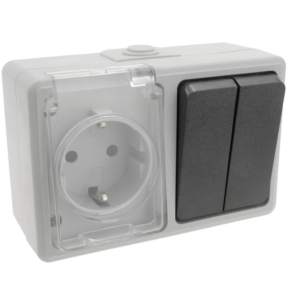Base de surface étanche interrupteur IP54 16A 250V avec 2 x interrupteur et 1 x schuko ECLATS DESTOCKAGE