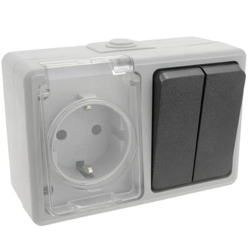 Base de surface étanche interrupteur IP54 16A 250V avec 2 x interrupteur et 1 x schuko ECLATS DESTOCKAGE