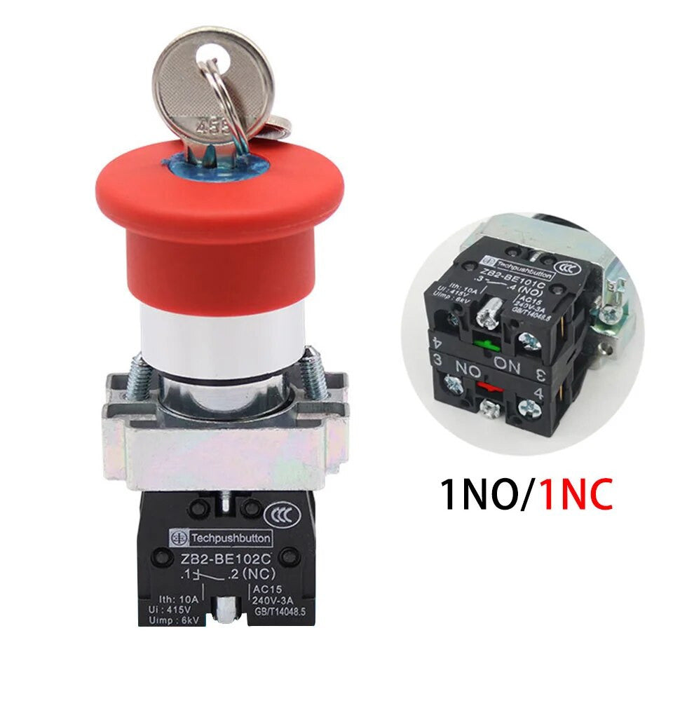 Bouton poussoir d'arrêt d'urgence avec clé 22mm XB2-ES142C 40mm 10a/600V ESD 1 no 1 nf BS142 ECLATS DESTOCKAGE