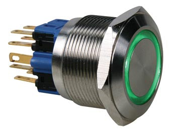 Bouton poussoir electrique plat  acier inoxydable 25mm spst 1no 1nf  anneau vert r2000g velleman ECLATS DESTOCKAGE