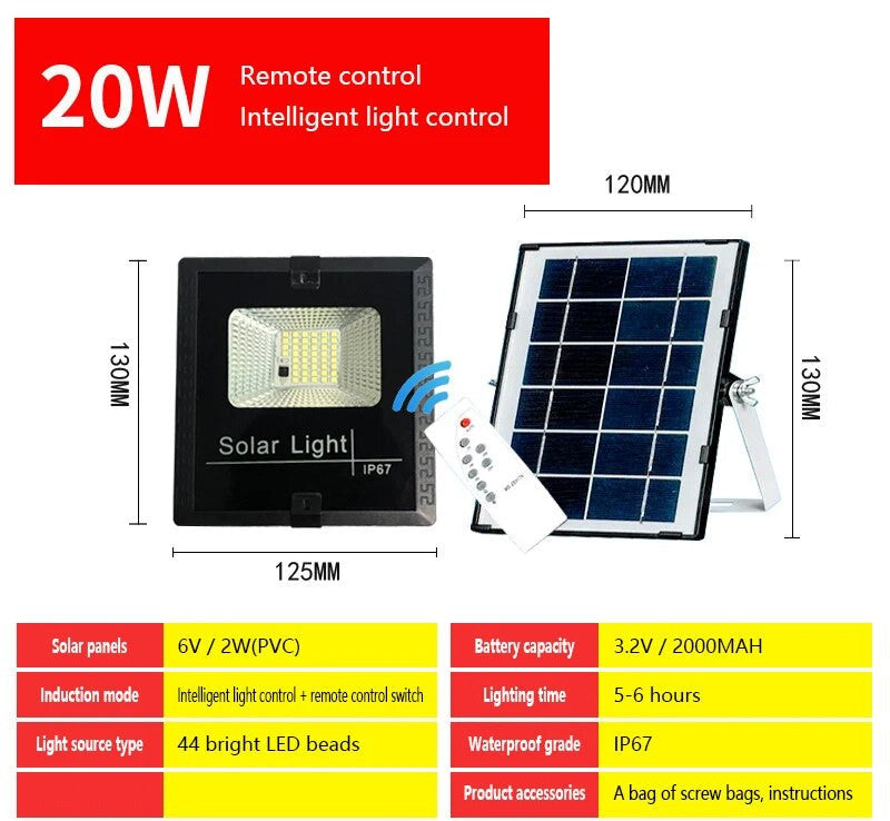 Lampe solaire 20w + panneau solaire + batterie + telecommande eclairage 20LED IP65 spot lumiere ECLATS DESTOCKAGE