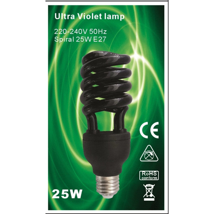 Lampe uv lumiere noire e27 t4 spirale 25w  75w 220v compatible 20w fluocompacte 240v ultraviolet - ECLATS DESTOCKAGE