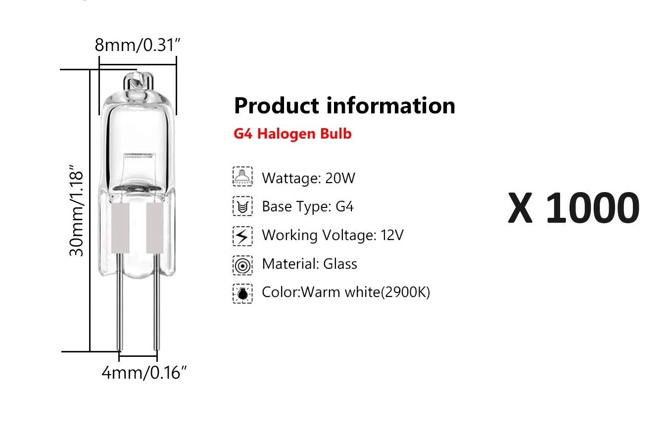 Lot de 1000 ampoules halogènes g4 20 w 12 v long life lamp ECLATS DESTOCKAGE