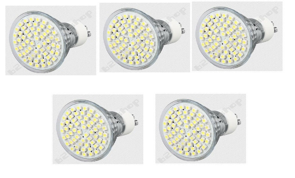 Lot de 5 ampoules gu10 60 led blanc chaud 3w 3.5w 4w 220v 230v smd 3528 spot 240v ECLATS DESTOCKAGE