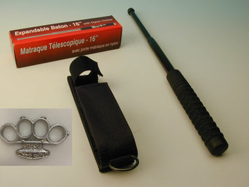 Matraque telescopique baton + housse + poing ameriqain 16 x 25mm 16/40cm self défense anti agression ECLATS DESTOCKAGE