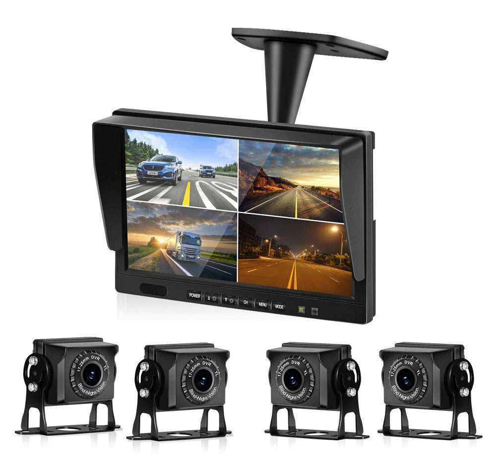 Moniteur quad-vision 10 pouces 26cm + 4 caméras 12v 24v 4 broches + 3 cordons 5m + 1 cable 20m ECLATS DESTOCKAGE