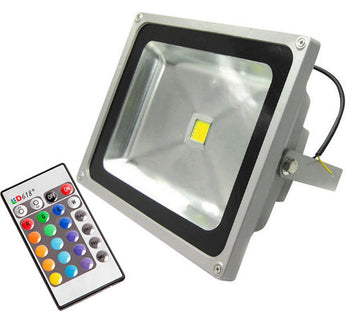 Projecteur led 50w rvb rouge vert bleu avec mémoire et télécommande 110v 220v extérieur étanche ip65 ECLATS DESTOCKAGE