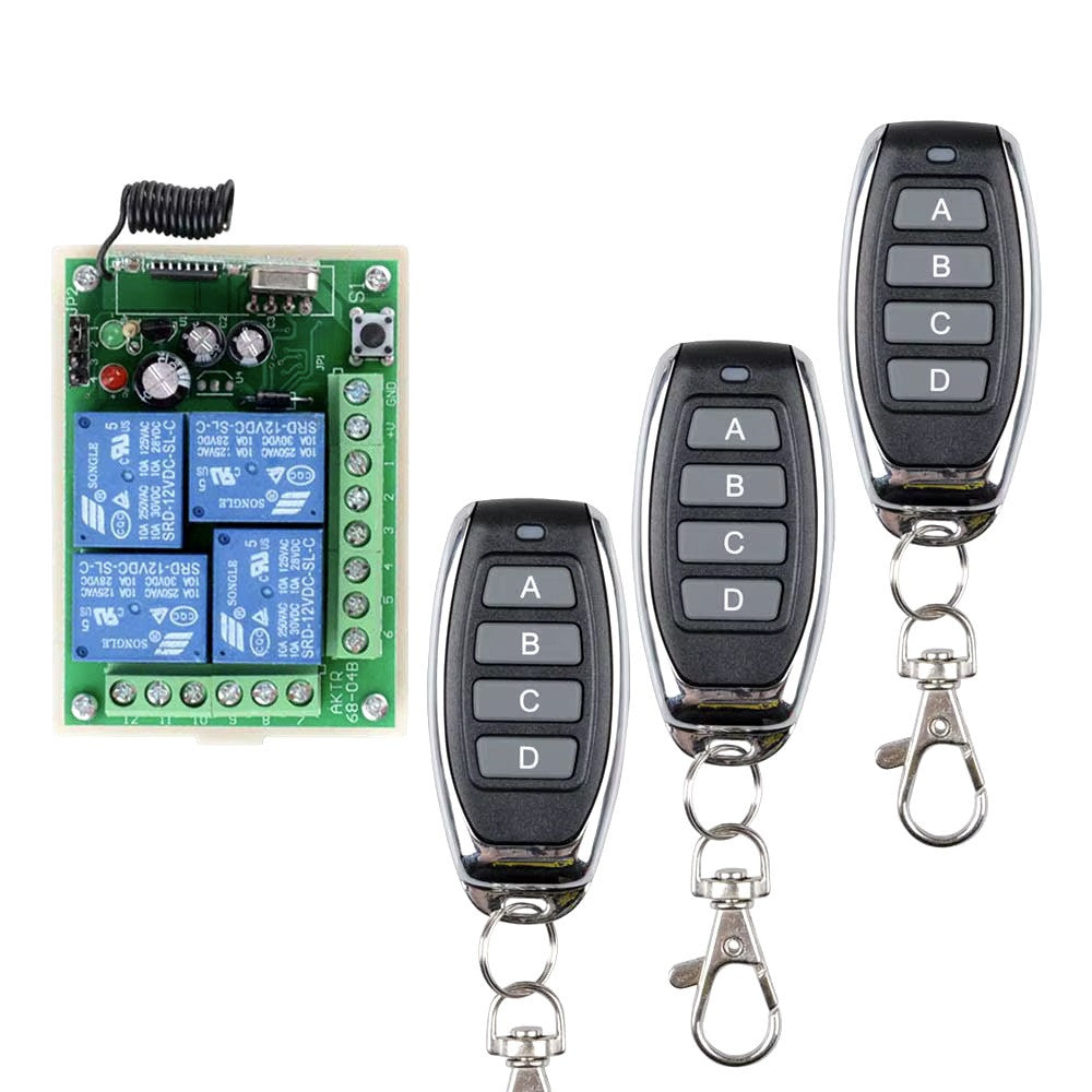Recepteur radio rolling code 12v 4 ch + 3 telecommandes 4 canaux Commutateur Lumiere Relais 433Mhz ECLATS DESTOCKAGE