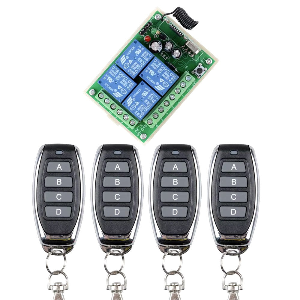 Recepteur radio rolling code 12v 4 ch + 4 telecommandes 4 canaux Commutateur Lumiere Relais 433Mhz ECLATS DESTOCKAGE